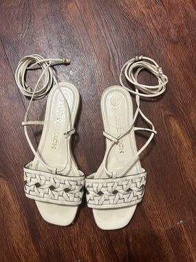 Tory Burch Woven Leather Lace-Up Sandals in Beige